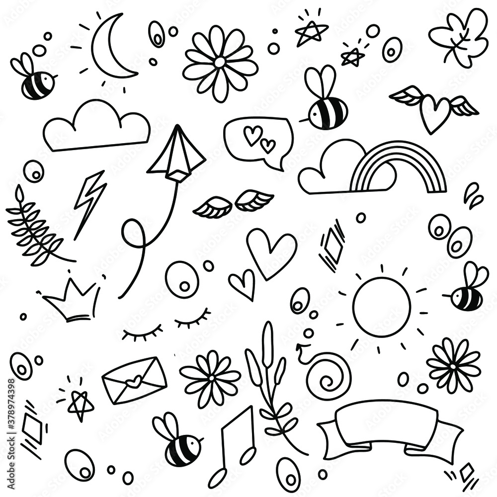 Hand drawn vector set with cute elements. Illustration with cartoon flowers, bee, trees, in doodle style. design for prints, scrap-booking, coloring page.