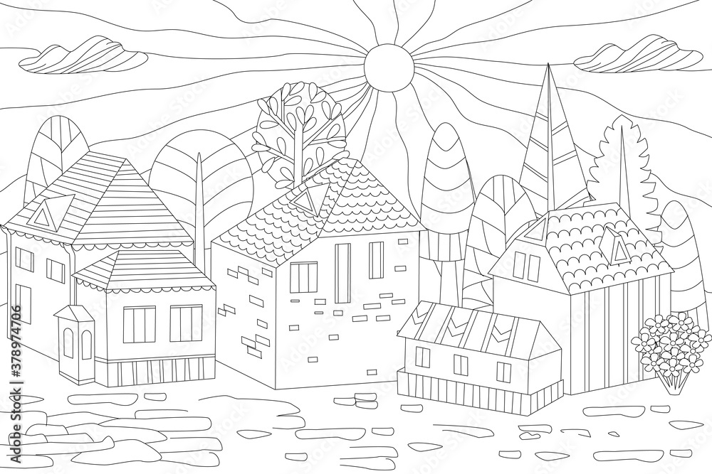 outline drawing cute houses surrounded fancy trees, cobblestone