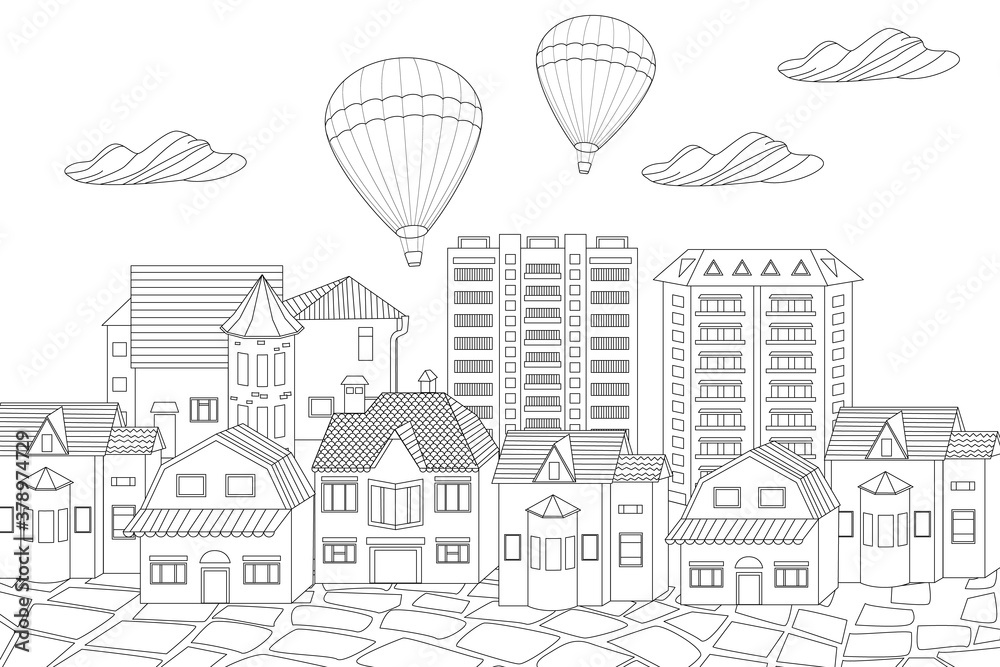 outlined drawing cityscape with hot air balloons in cloudy sky a
