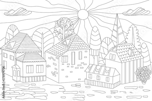 outline drawing cute houses surrounded fancy trees  cobblestone
