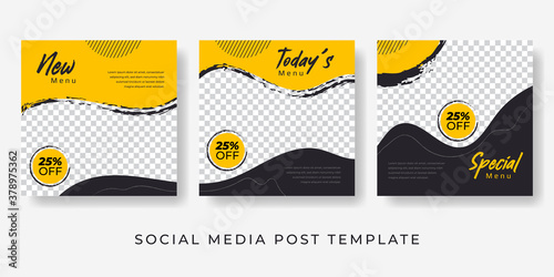 Culinary instagram post set with photo image space. Social media template for food banner yellow design.