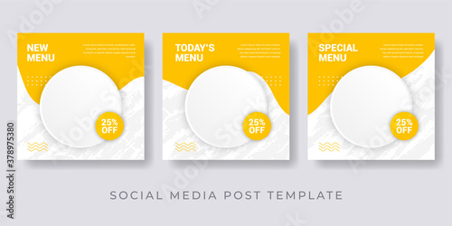 Culinary instagram post set with photo image space. Social media template for food banner yellow design.