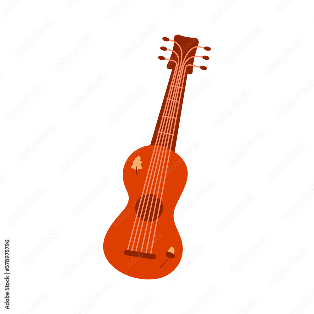 Acoustic guitar. Small wooden ukulele. Cartoon vector