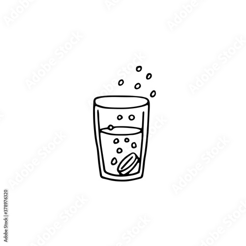 A glass with an effervescent tablet, a vitamin. The medicine is soluble in water. Carbonated. Vector doodle illustration. Black and white outline.