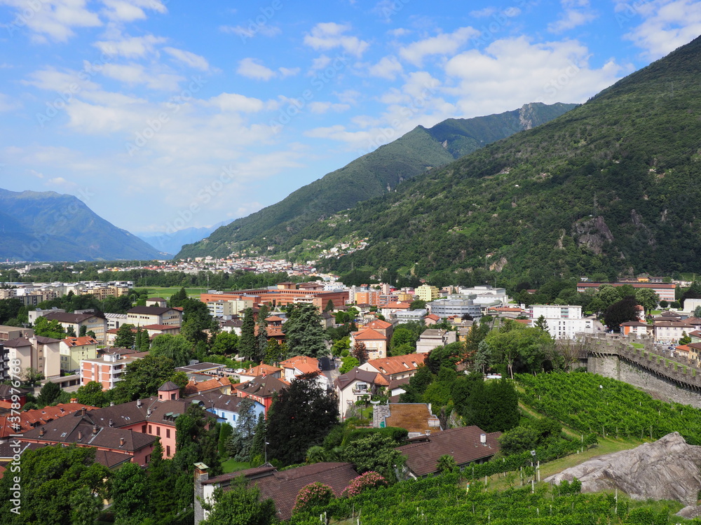 Landscapes of european Bellinzona city, capital of canton Ticino in Switzerland, clear blue sky in 2017 warm sunny summer day on July.