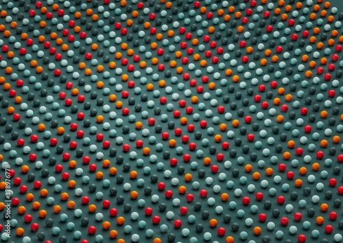 Abstract 3d render, composition, with orange, red, gree and lights blues colors. Geometric shapes. 
