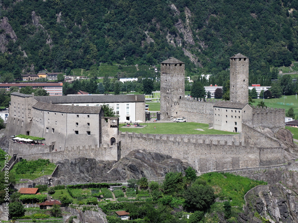 View to castel grande in european Bellinzona city, capital of canton Ticino in Switzerland in 2017 warm sunny summer day on July.