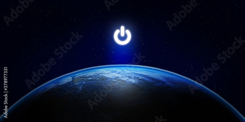 Earth Hour, Ecology and Environment Concept : Blue planet earth in the space with electric power button for Earth Hour Event. (Elements of this image furnished by NASA.)