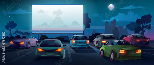 Car cinema or drive in movie theater and auto theatre with outdoor screen, vector cartoon background. Car cinema or drive movie in open air with people in cars on parking lot watching movie