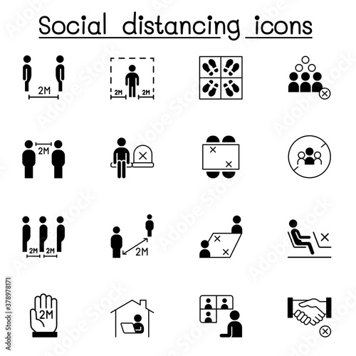 Set of Social distancing Related Vector Icons. Contains such Icons as avoid crowd, work from home, new normal life style, stay home and more.