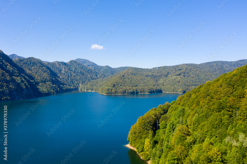 Blue water in a mountain forest lake with pine trees. Aerial view of blue lake and green forests. View on the lake between mountain forest. Over crystal clear mountain lake water. Fresh water. Vidraru