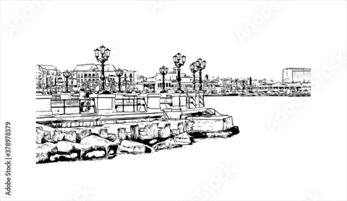 Building view with landmark of Bari is a port city on the Adriatic Sea. Hand drawn sketch illustration in vector.