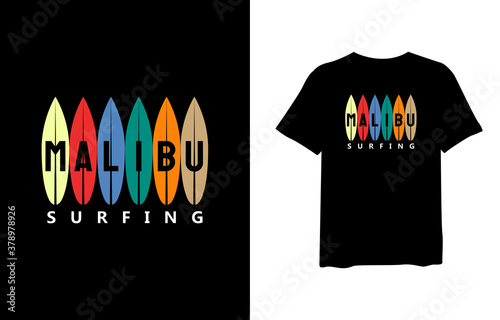 Photography Malibu surfing with tropical palm silhouettes, stylish t-shirts and trendy clothing designs with lettering, and printable, vector illustration designs