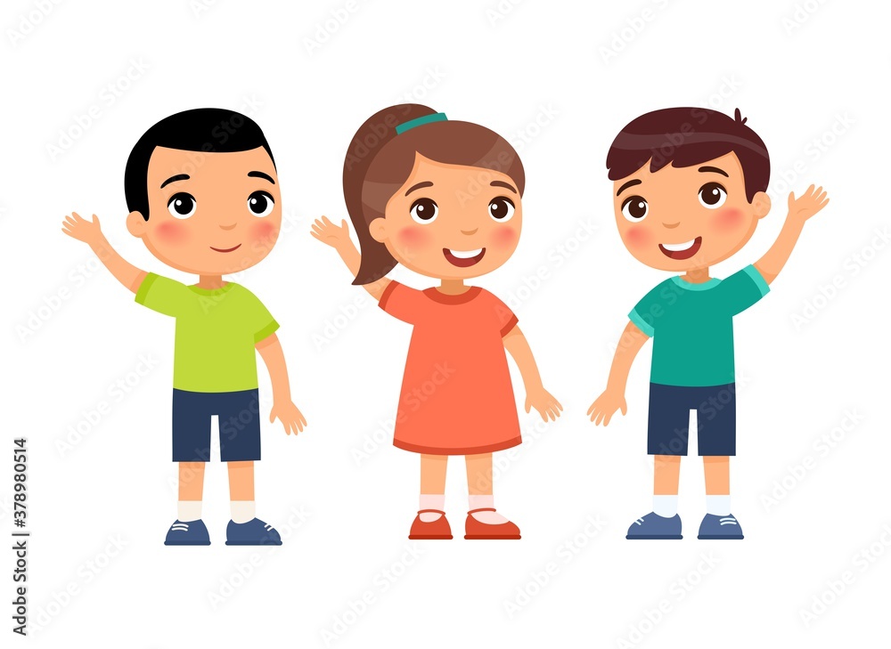 Children hold their hands up in agreement. Cute cartoon characters isolated on white background. Flat vector color illustration. Children hold their hands up in agreement. Cute cartoon characters isolated on white background. Flat vector color illustration.