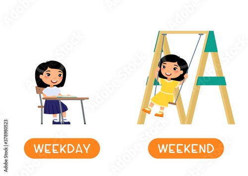 WEEKDAY and WEEKEND antonyms word card vector template. Flashcard for english language learning. Opposites concept. Little asian girl sits at school desk, joyful girl swinging on a swing.