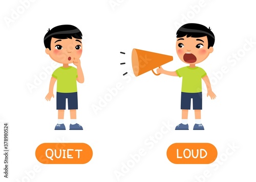 LOUD and QUIET antonyms word card vector template. Flashcard for english language learning. Opposites concept.  Little asian boy screams loudly into megaphone, the child whispers softly. 