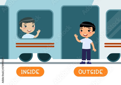 Educational word card with opposites. Antonyms concept, INSIDE and OUTSIDE.  Flash card for English studying. Little asian schoolboy is sitting in train, child is standing outside.  Flat illustration 