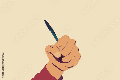 Concept of freedom of speech and information, stop censorship. Hand holding a pen in sign of protest, the pressure of censorship. Light yellow background. Vector Illustration