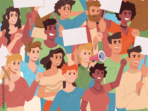 People on protest, crowd holding protest banners and placards, vector background. Angry protesters activists on strike demonstration or manifestation with blank banner placards shouting in megaphone