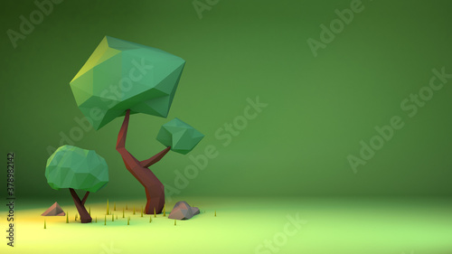 3D rendering of trees in Low Poly style on a green background and copy space © AdriaVidal