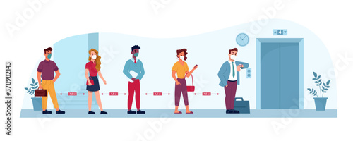 Elevator social distance, people in masks in queue to office, vector flat. Public places and work social distance line, coronavirus covid protection measures and public health safety in lift