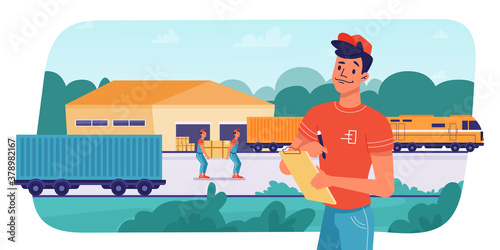 Delivery logistics by train, parcels shipping, loading or unloading by workers, vector flat design. Railway delivery and shipment transport, cargo freight warehouse logistics, boxes loading in train