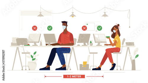 Office social distance, people in masks at work, workplace safety rules, vector flat. Colleagues sitting through one, coronavirus covid corporate social distance, health safety and pandemic quarantine