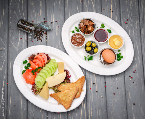 Turkish breakfast on a wooden table photo