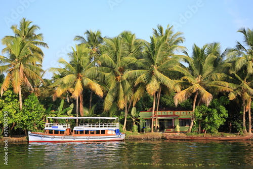 Photos Scenic view Kerala backwaters with coconut palm tree and   Cruise boat in Allepp