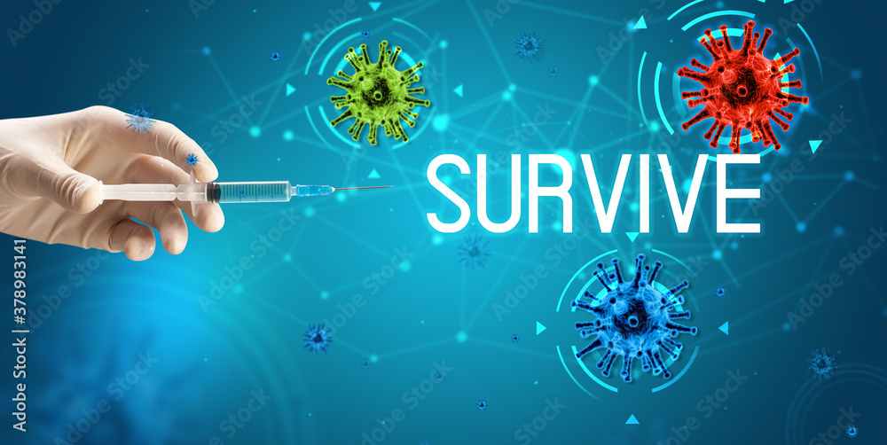 Syringe, medical injection in hand with SURVIVE inscription, coronavirus vaccine concept Syringe, medical injection in hand with SURVIVE inscription, coronavirus vaccine concept