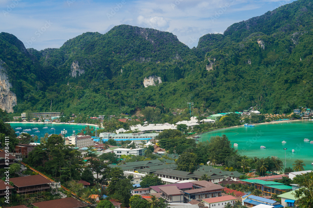 View of the stunning tropical island of Phi Phi with resorts-Krabi province Thailand