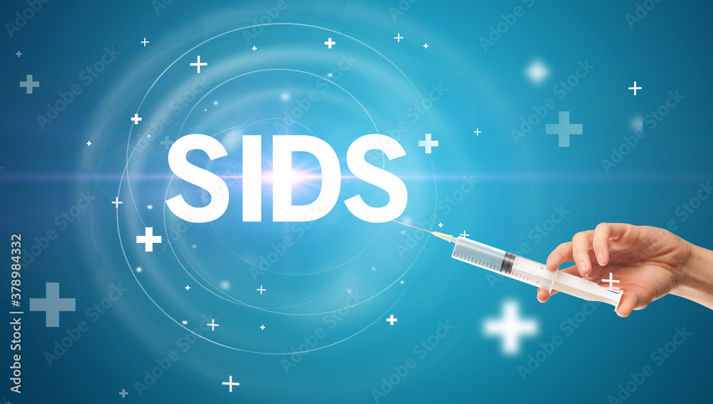 Syringe needle with virus vaccine and SIDS abbreviation, antidote concept Syringe needle with virus vaccine and SIDS abbreviation, antidote concept
