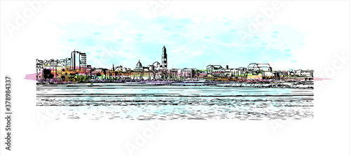 Building view with landmark of Bari is a port city on the Adriatic Sea. Watercolor splash with hand drawn sketch illustration in vector.