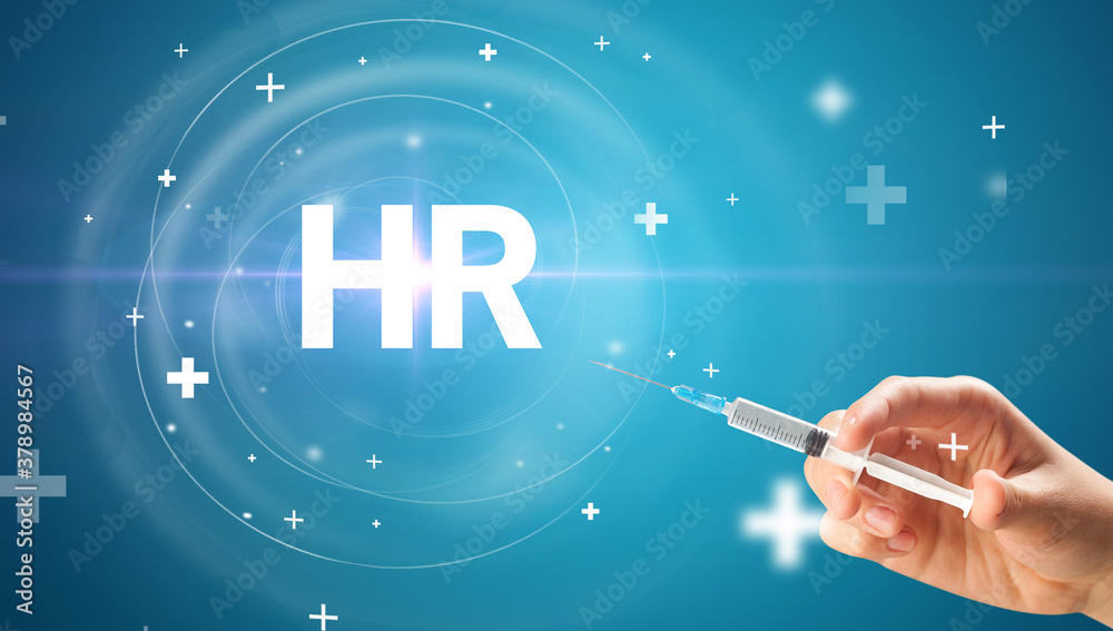 Syringe needle with virus vaccine and HR abbreviation, antidote concept Syringe needle with virus vaccine and HR abbreviation, antidote concept