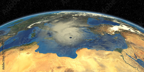 Medicane Ianos Mediterranean Hurricane approaching Greece. Shot from Space. Elements of this 3D rendering are furnished by NASA.
