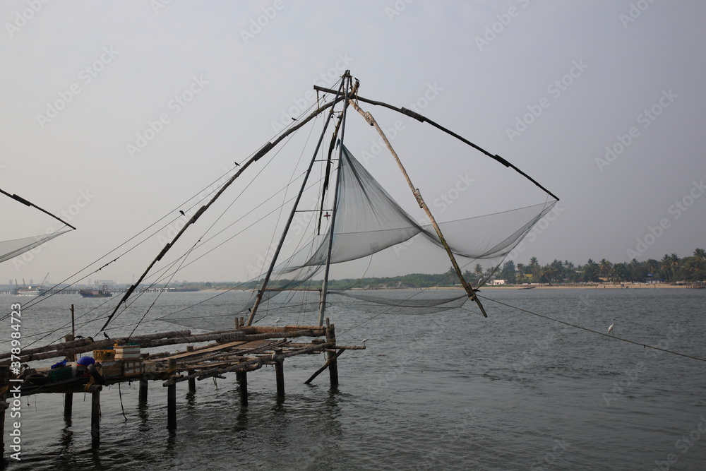 View of Chinese fishing nets in Kochi, Kerala, India