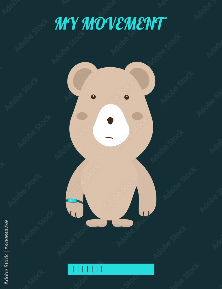 Fitness counter on the wrist of a funny bear. The inscription on the card 
