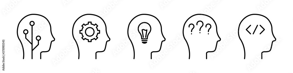 Innovation line icon set isolated on white background. Human head set with circuit board, gear, bulb, question marks, programming elements. Innovation line icon set isolated on white background. Human head set with circuit board, gear, bulb, question marks, programming elements.