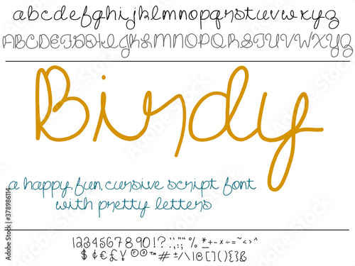 Hand drawn font typeface, called Birdy, is script, cursive font that fits together like natural handwriting. 