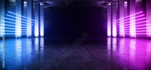 Large Hangar Garage Spotlights Neon Lasers Purple Blue Glowing Empty Warehouse Tunnel Corridor Concrete Floor With Columns background Modern 3D Rendering