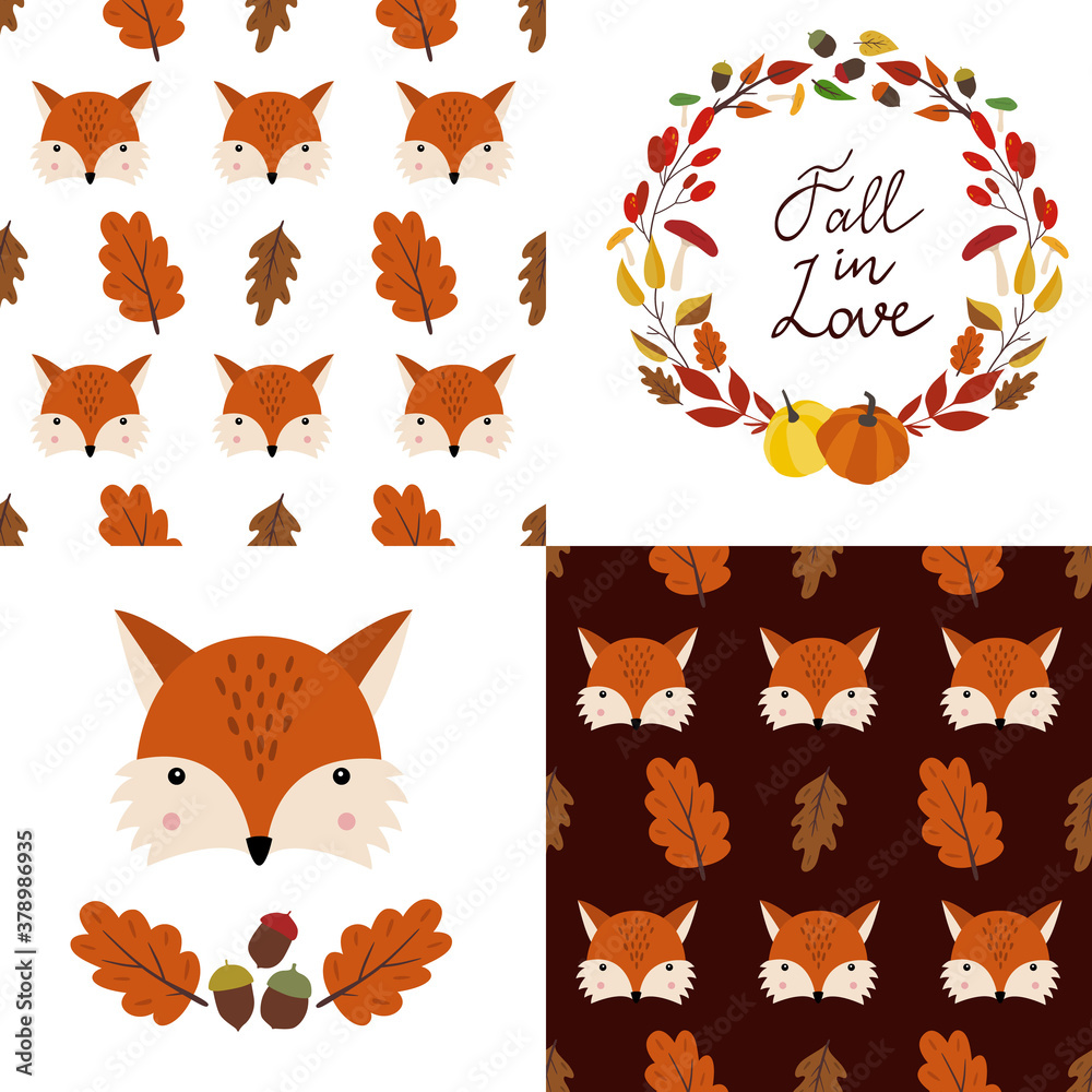 Fototapeta Set of autumn fall isolated elements. Vector seamless patterns with fox and oak leaves on dark and white backgrounds. Circle wreath template with pumpkins, mushrooms. Fox face. Flat cartoon design.