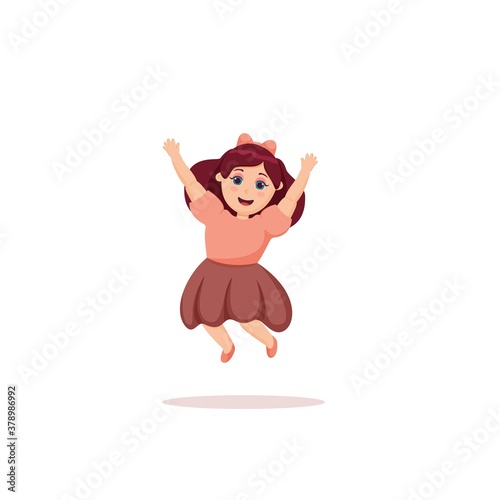 Happy little girl jumping with raising up hands. Child character. Smiling girl in skirt rejoices. Colorful vector illustration for banners, prints, website, advertisement