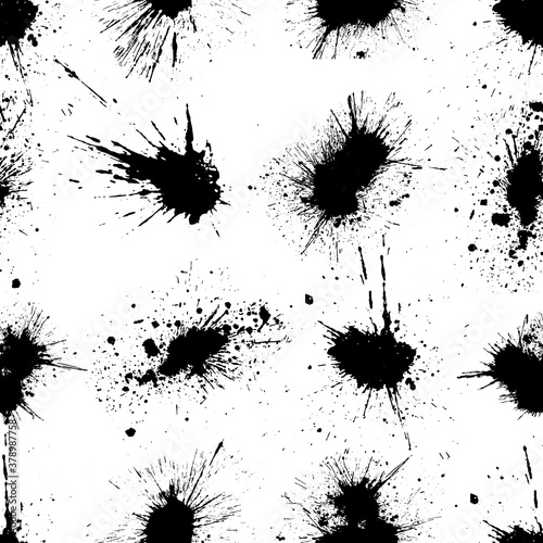 Vector black and white seamless pattern with ink splash, blot and brush stroke spot spray smudge, spatter, splatter, drip, drop, ink smudge smears Grunge textured elements design background.