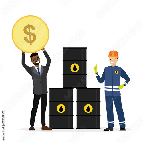 Happy businessman holds golden coin, oilman in uniform and stack of barrels. Obtaining profit in oil and gas industry.