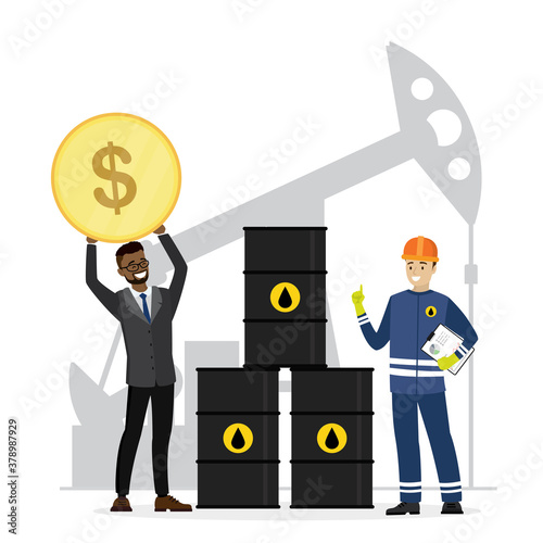 Happy businessman or trader holds golden coin, oilman engineer in uniform and stack of barrels. Obtaining profit in oil and gas industry.