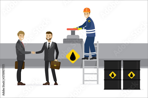 Oil deal, happy businessmen are shaking hands, successful negotiations. New pipeline for supply of petroleum products.