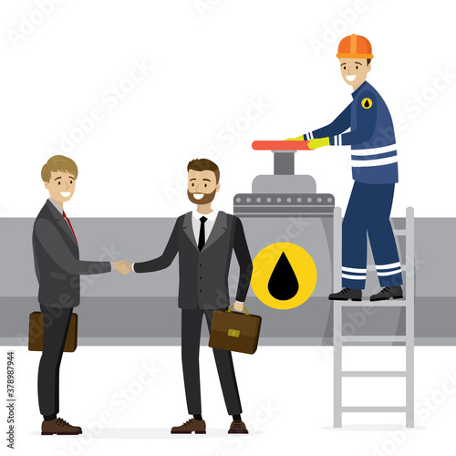 Oil deal, happy caucasian businessmen handshake, successful negotiations. Oilman standing on ladder and turns pipeline valve.