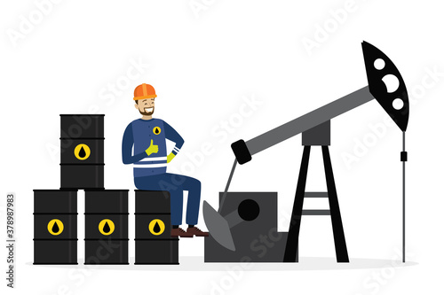 Happy arabic oilman sitting on barrels. Working oil pump jack on background. Petroleum production and processing,
