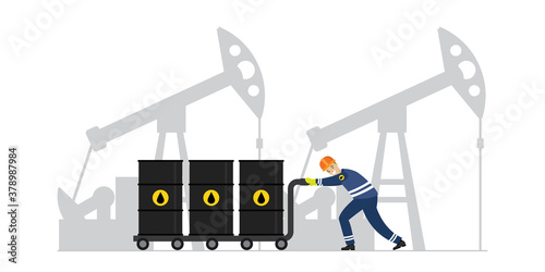 Happy oilman push cart with barrels. Working oil pump jack on background. Petroleum production and processing