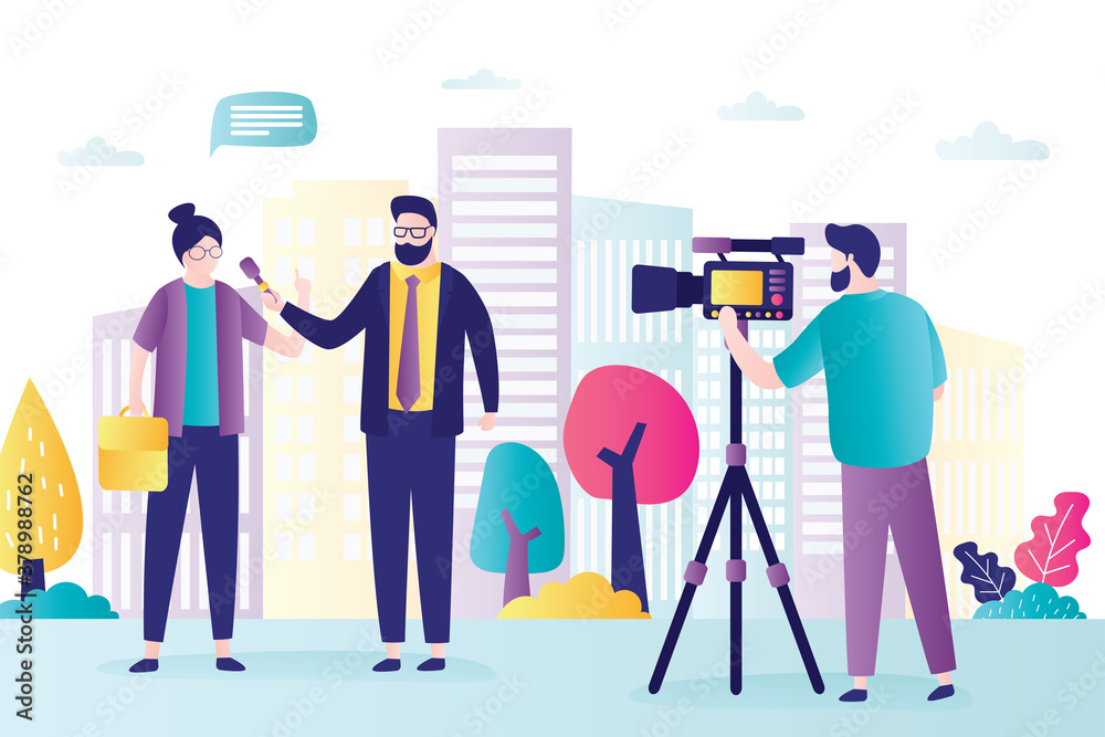 Male journalist interviews beautiful business woman. Reporter holds microphone and asks question, cameraman is shooting video. Male journalist interviews beautiful business woman. Reporter holds microphone and asks question, cameraman is shooting video.